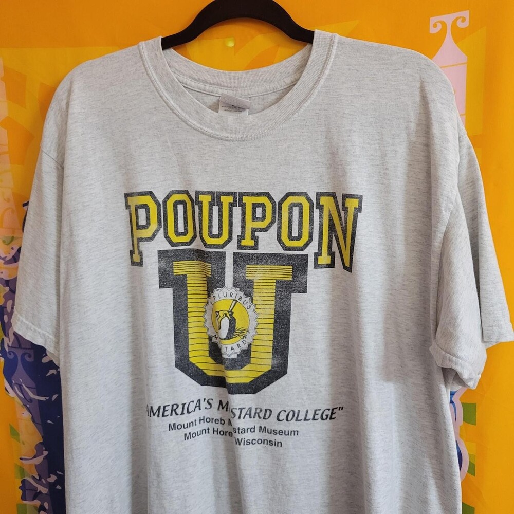 Gray vintage Gildan Poupon mustard college cotton & polyester t-shirt with yello